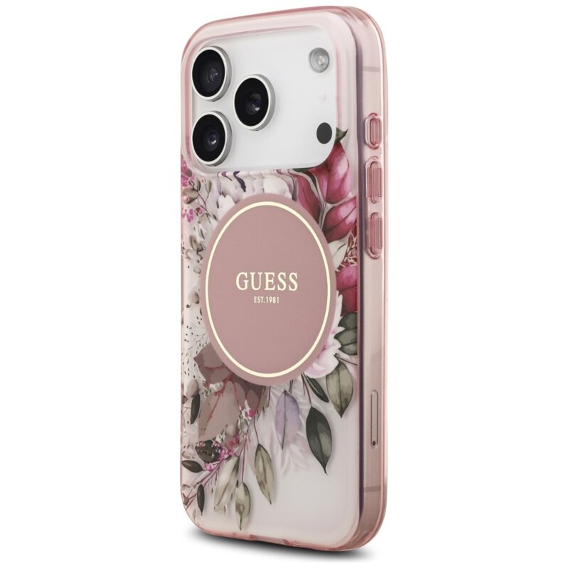 Husa iPhone 17 Pro Max originala Guess IML Flower & Tonal Circle MagSafe, roz, GUHMP17XHFWBDCEP