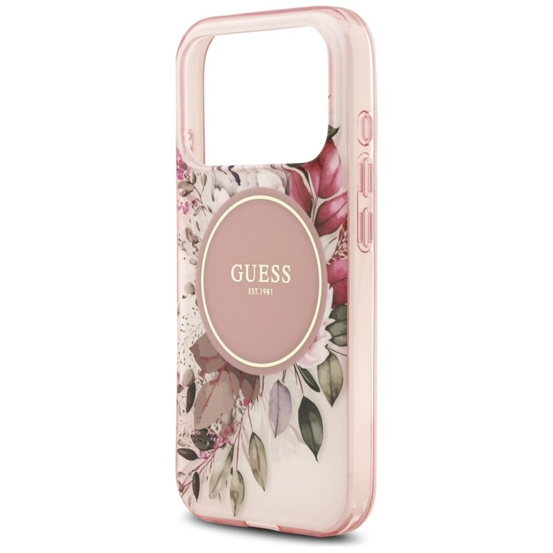 Husa iPhone 17 Pro Max originala Guess IML Flower & Tonal Circle MagSafe, roz, GUHMP17XHFWBDCEP