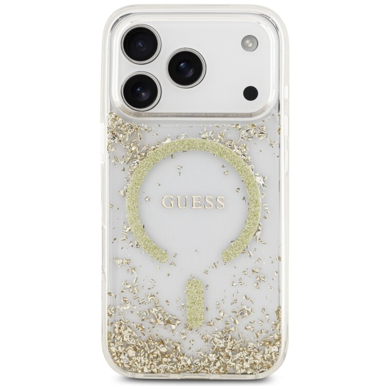 Husa originala Guess iPhone 17 Pro Resin Bottom Glitter MagSafe, auriu, GUHMP17LRGRGED