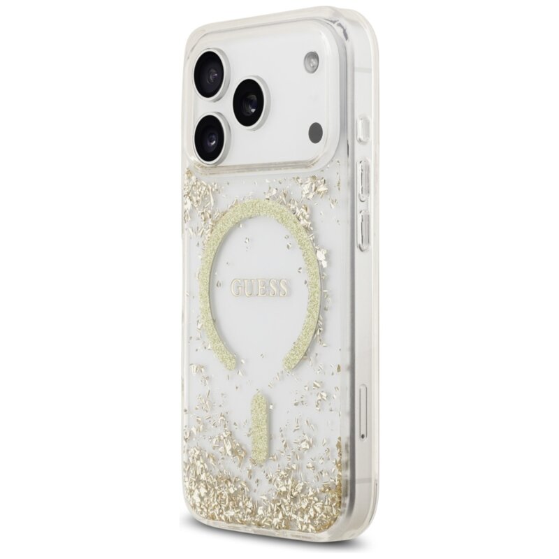Husa originala Guess iPhone 17 Pro Resin Bottom Glitter MagSafe, auriu, GUHMP17LRGRGED