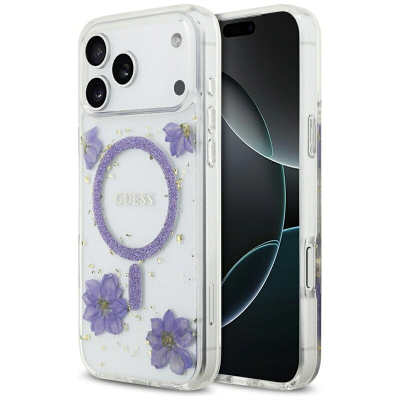 Husa originala Guess iPhone 17 Pro Max Resin Flowers and Glitter MagSafe, mov, GUHMP17XRBFGFGMU
