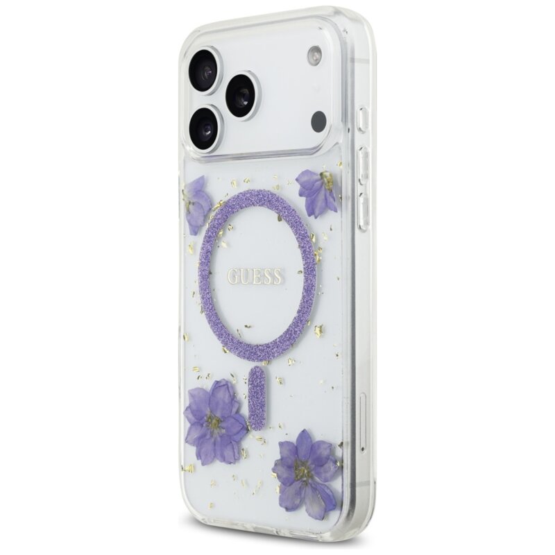 Husa originala Guess iPhone 17 Pro Max Resin Flowers and Glitter MagSafe, mov, GUHMP17XRBFGFGMU