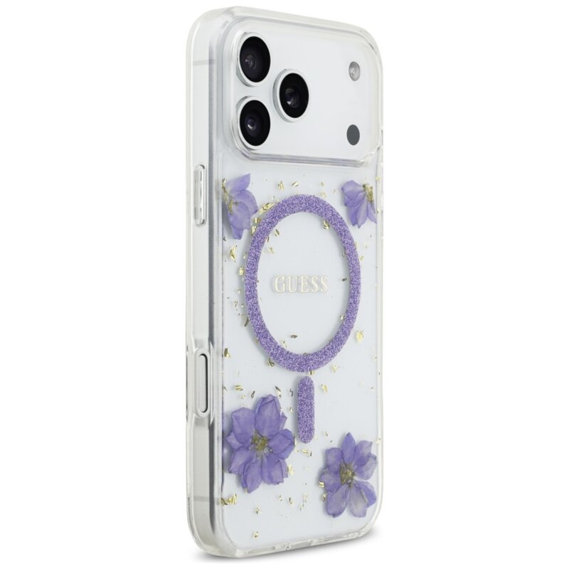 Husa originala Guess iPhone 17 Pro Resin Flowers and Glitter MagSafe, mov, GUHMP17LRBFGFGMU