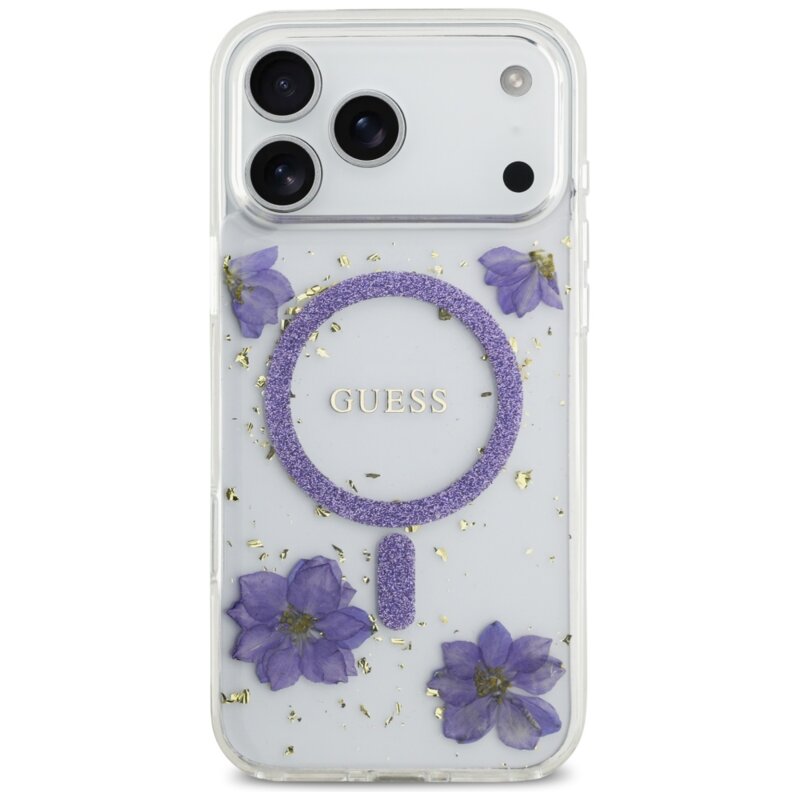 Husa originala Guess iPhone 17 Pro Resin Flowers and Glitter MagSafe, mov, GUHMP17LRBFGFGMU