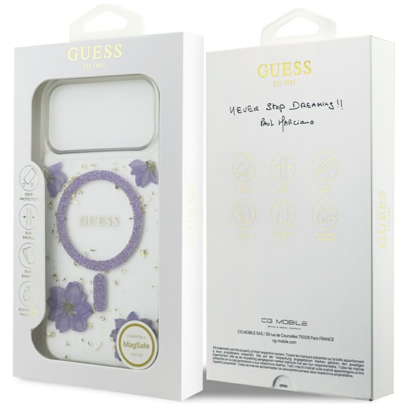 Husa originala Guess iPhone 17 Pro Resin Flowers and Glitter MagSafe, mov, GUHMP17LRBFGFGMU