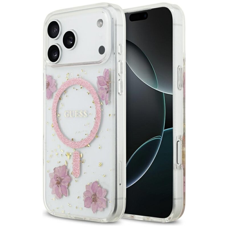 Husa originala Guess iPhone 17 Pro Max Resin Flowers and Glitter MagSafe, roz, GUHMP17XRBFGFGMP