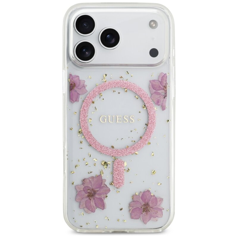 Husa originala Guess iPhone 17 Pro Max Resin Flowers and Glitter MagSafe, roz, GUHMP17XRBFGFGMP