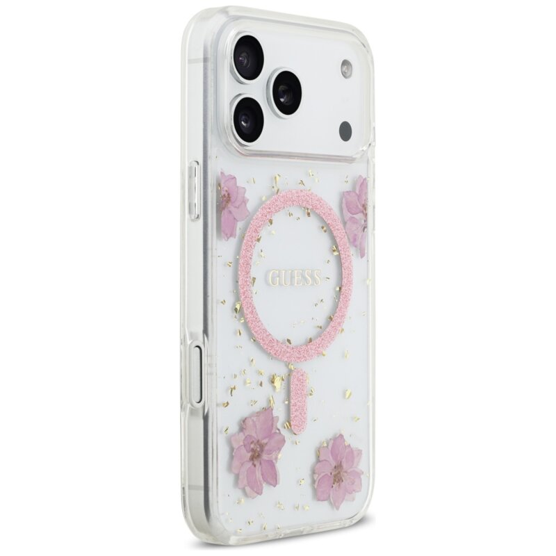 Husa originala Guess iPhone 17 Pro Resin Flowers and Glitter MagSafe, roz, GUHMP17LRBFGFGMP