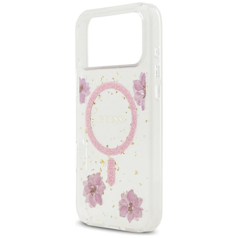 Husa originala Guess iPhone 17 Pro Resin Flowers and Glitter MagSafe, roz, GUHMP17LRBFGFGMP