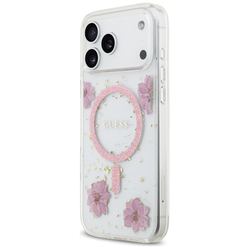 Husa originala Guess iPhone 17 Pro Resin Flowers and Glitter MagSafe, roz, GUHMP17LRBFGFGMP