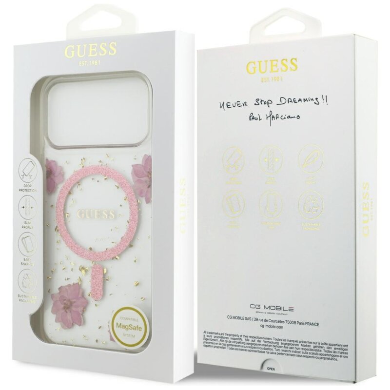 Husa originala Guess iPhone 17 Pro Resin Flowers and Glitter MagSafe, roz, GUHMP17LRBFGFGMP