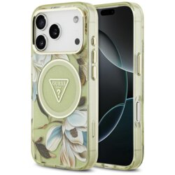 Husa iPhone 17 Pro originala Guess IML Metal Glitter Flowers Triangle MagSafe, verde, GUHMP17LHFLPEDN