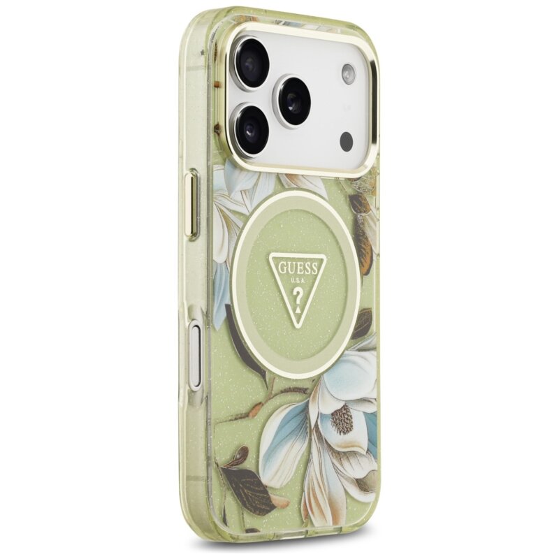 Husa iPhone 17 Pro originala Guess IML Metal Glitter Flowers Triangle MagSafe, verde, GUHMP17LHFLPEDN