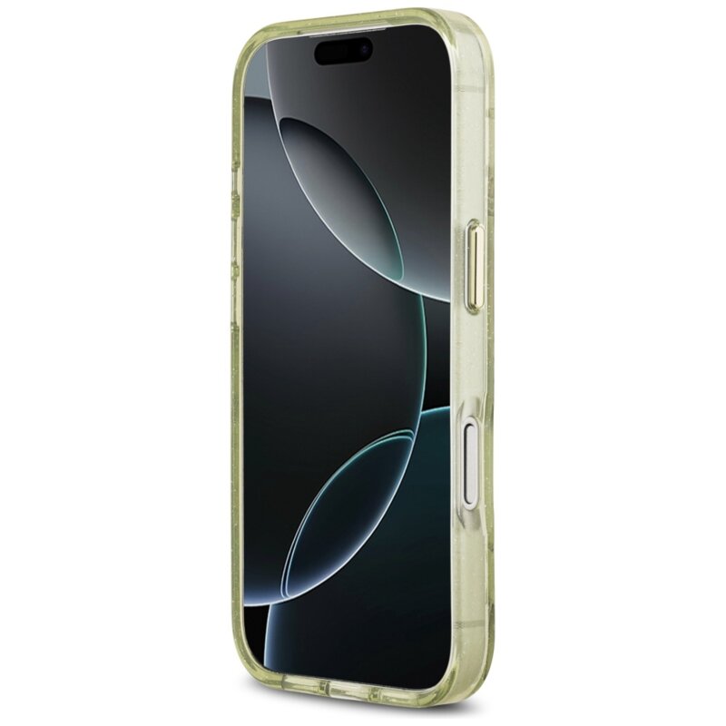 Husa iPhone 17 Pro originala Guess IML Metal Glitter Flowers Triangle MagSafe, verde, GUHMP17LHFLPEDN