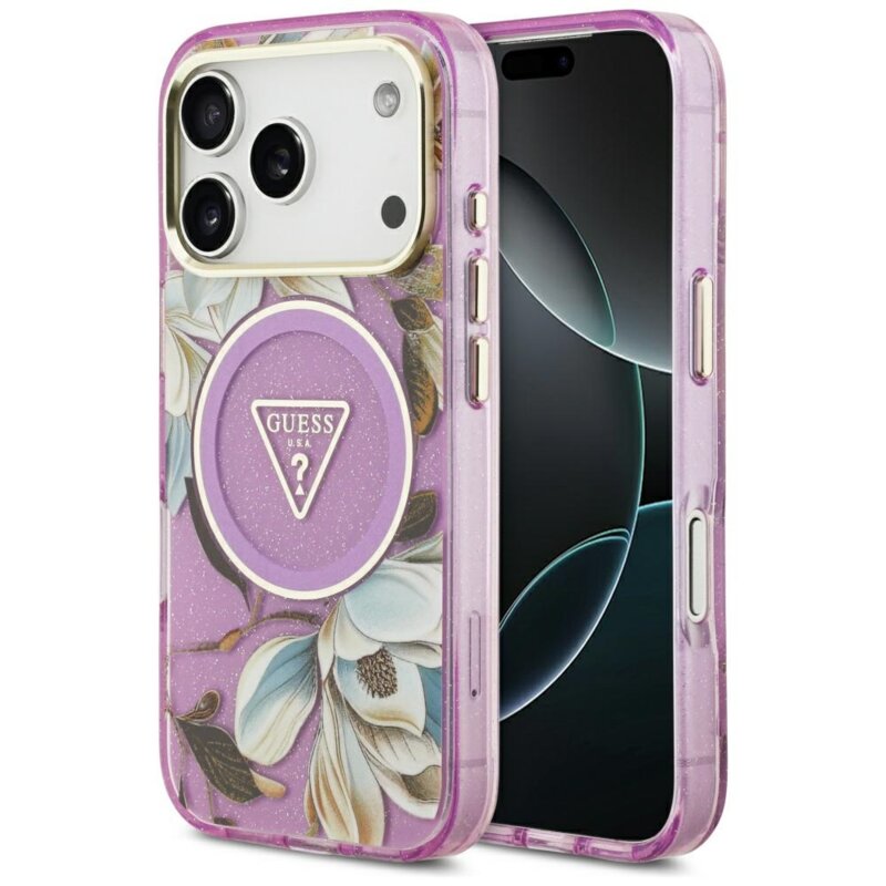 Husa iPhone 17 Pro originala Guess IML Metal Glitter Flowers Triangle MagSafe, mov, GUHMP17LHFLPEDU