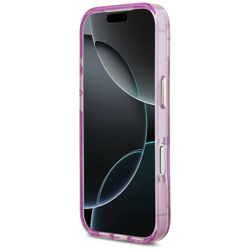 Husa iPhone 17 Pro originala Guess IML Metal Glitter Flowers Triangle MagSafe, mov, GUHMP17LHFLPEDU