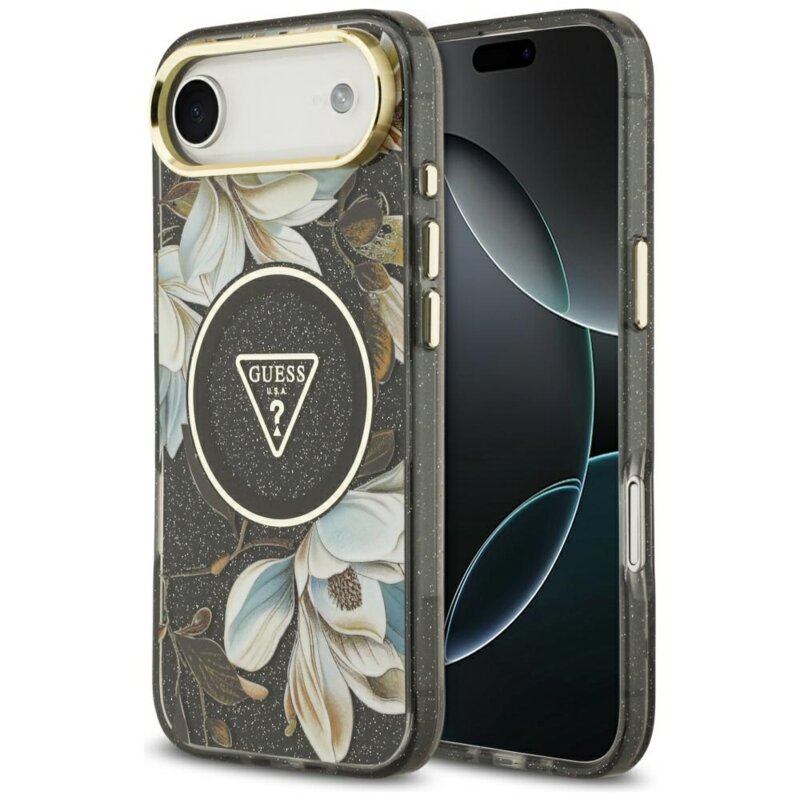 Husa iPhone 17 Air originala Guess IML Metal Glitter Flowers Triangle MagSafe, negru, GUHMP17MHFLPEDK