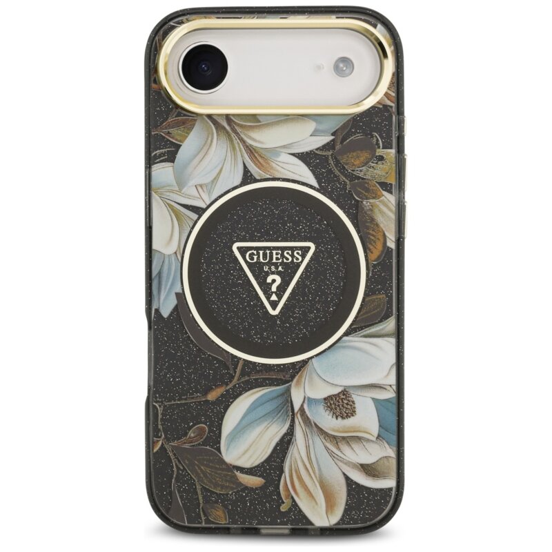 Husa iPhone 17 Air originala Guess IML Metal Glitter Flowers Triangle MagSafe, negru, GUHMP17MHFLPEDK