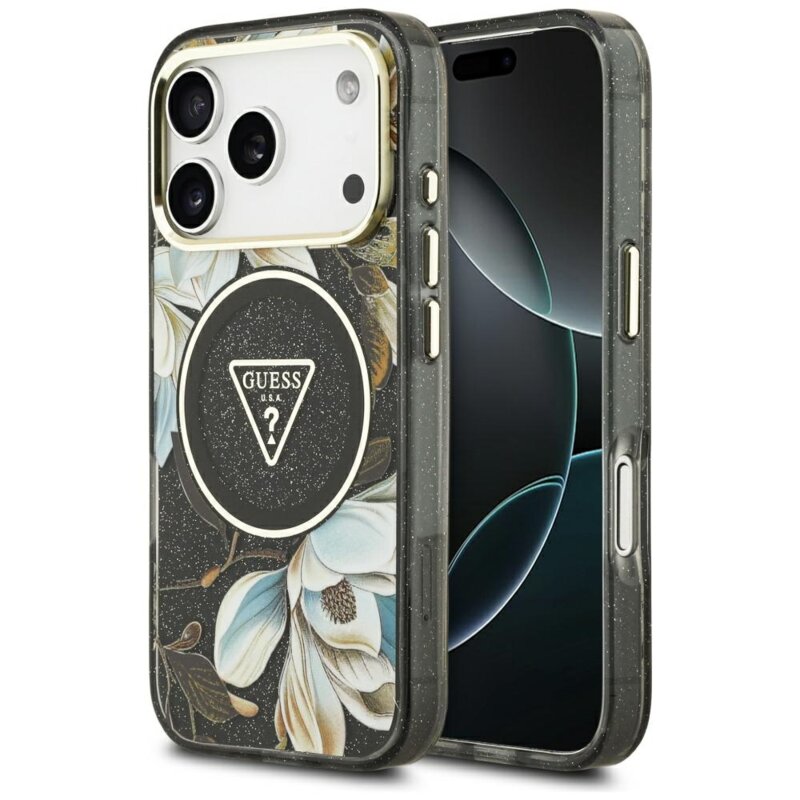 Husa iPhone 17 Pro originala Guess IML Metal Glitter Flowers Triangle MagSafe, negru, GUHMP17LHFLPEDK