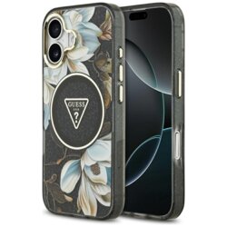 Husa iPhone 17 originala Guess IML Metal Glitter Flowers Triangle MagSafe, negru, GUHMP17SHFLPEDK