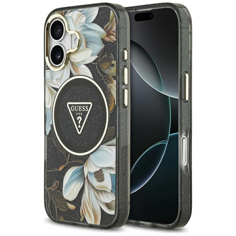 Husa iPhone 17 originala Guess IML Metal Glitter Flowers Triangle MagSafe, negru, GUHMP17SHFLPEDK