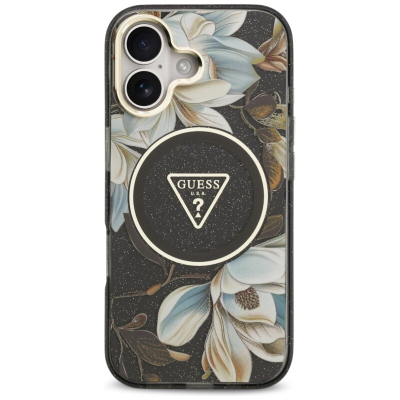 Husa iPhone 17 originala Guess IML Metal Glitter Flowers Triangle MagSafe, negru, GUHMP17SHFLPEDK