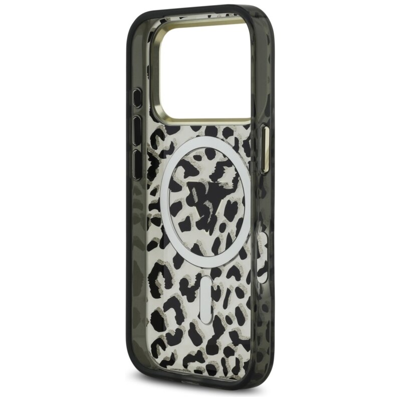 Husa Guess Leopard Glitter MagSafe iPhone 17 Pro Max cu sclipici, negru, GUHMP17XHLEGTGLK