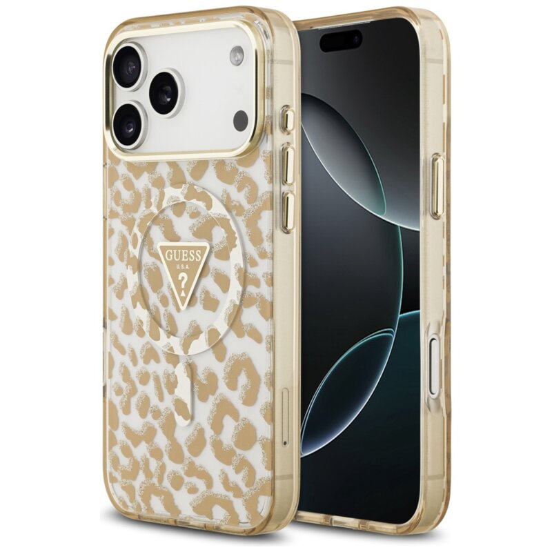 Husa Guess Leopard Glitter MagSafe iPhone 17 Pro cu sclipici, maro, GUHMP17LHLEGTGLW