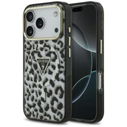 Husa Guess Leopard Glitter MagSafe iPhone 17 Pro cu sclipici, negru, GUHMP17LHLEGTGLK