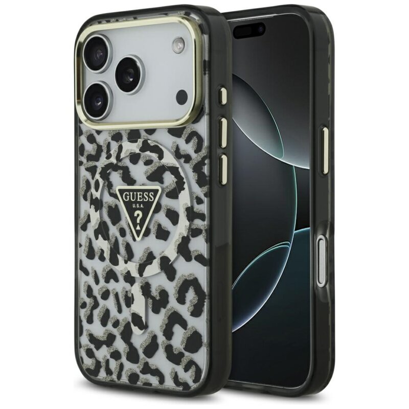 Husa Guess Leopard Glitter MagSafe iPhone 17 Pro cu sclipici, negru, GUHMP17LHLEGTGLK