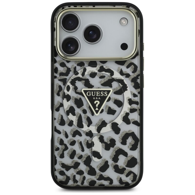 Husa Guess Leopard Glitter MagSafe iPhone 17 Pro cu sclipici, negru, GUHMP17LHLEGTGLK