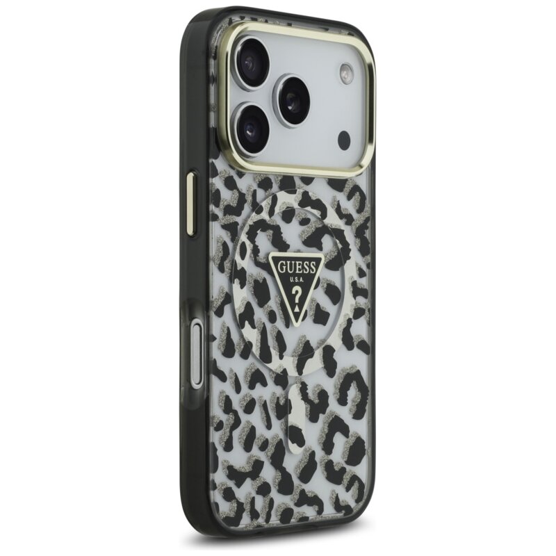 Husa Guess Leopard Glitter MagSafe iPhone 17 Pro cu sclipici, negru, GUHMP17LHLEGTGLK