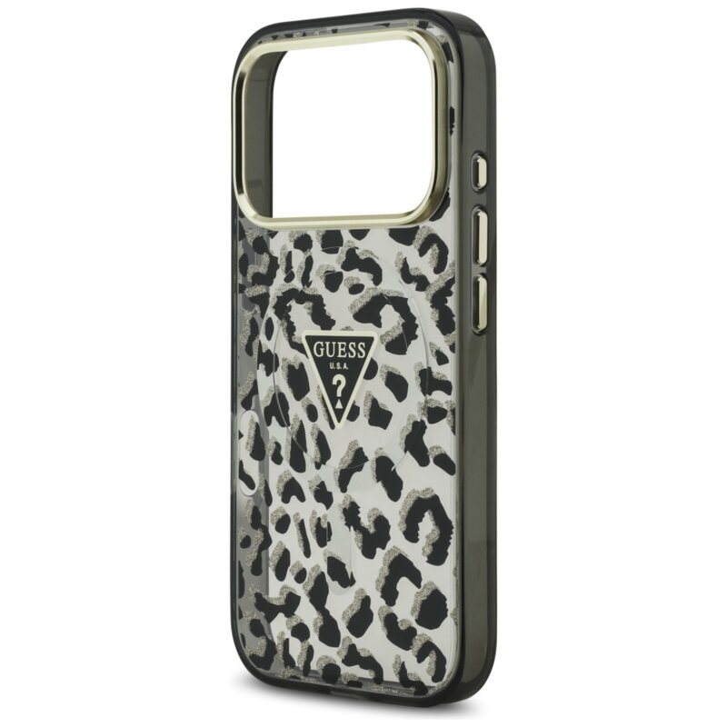 Husa Guess Leopard Glitter MagSafe iPhone 17 Pro cu sclipici, negru, GUHMP17LHLEGTGLK