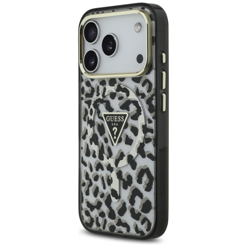 Husa Guess Leopard Glitter MagSafe iPhone 17 Pro cu sclipici, negru, GUHMP17LHLEGTGLK