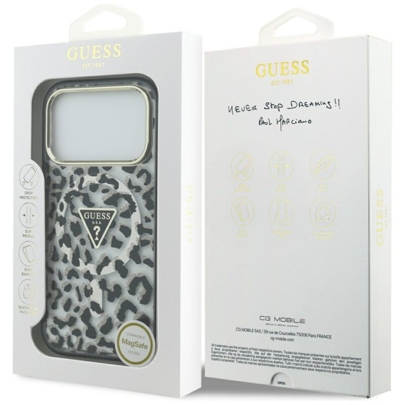 Husa Guess Leopard Glitter MagSafe iPhone 17 Pro cu sclipici, negru, GUHMP17LHLEGTGLK