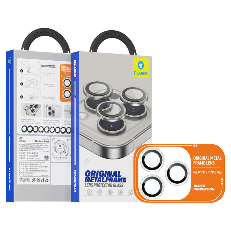 Folie iPhone 17 Pro Max Blueo Original Metal Frame Lens, Silver Diamond