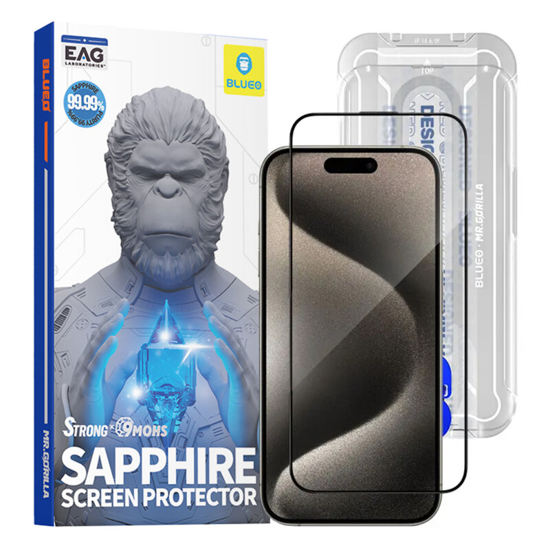 Folie sticla iPhone 15 Pro Max Blueo Premium Sapphire Non Breaking / Scratching 9H Glass, negru