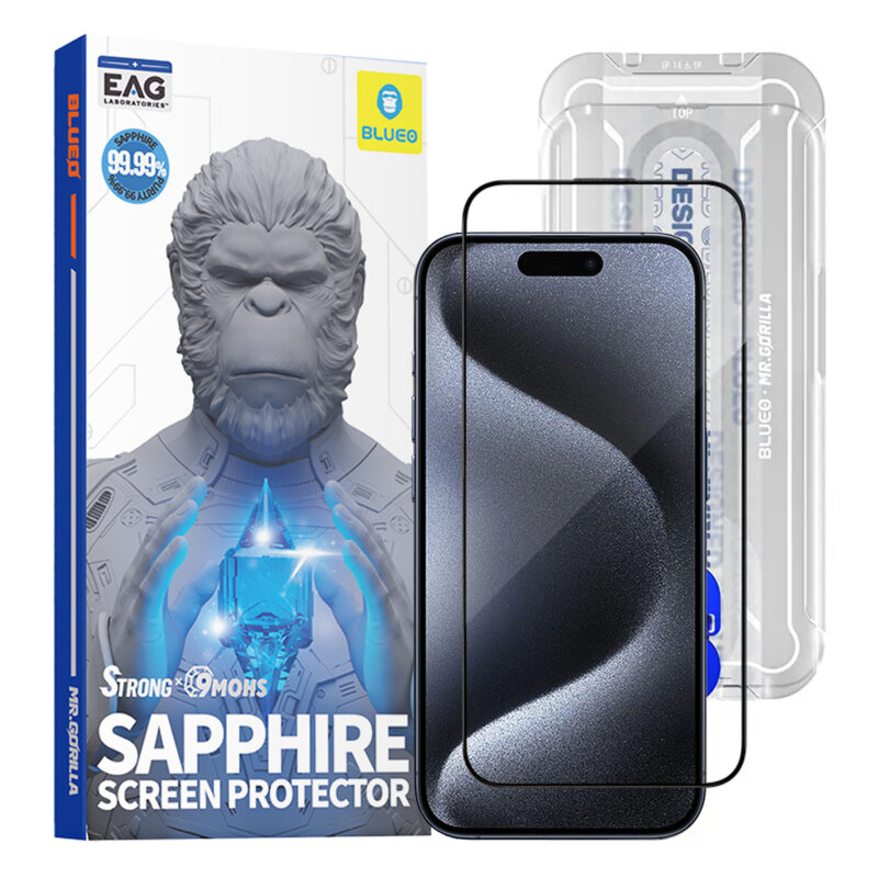 Folie sticla iPhone 15 Pro Blueo Premium Sapphire Non Breaking / Scratching 9H Glass, negru