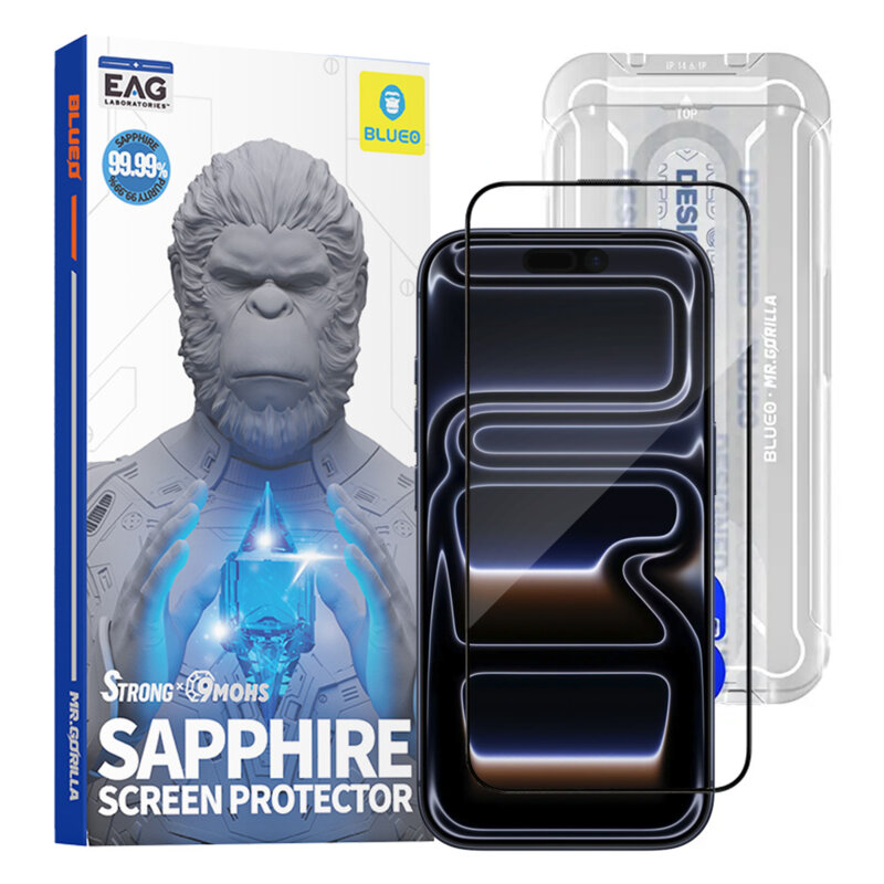 Folie sticla iPhone 17 Pro Blueo Premium Sapphire Non Breaking / Scratching 9H Glass, negru