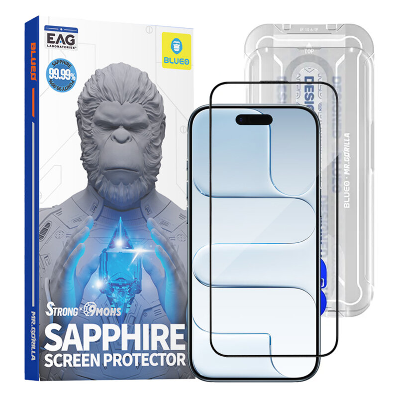 Folie sticla iPhone 17 AirBlueo Premium Sapphire Non Breaking / Scratching 9H Glass, negru