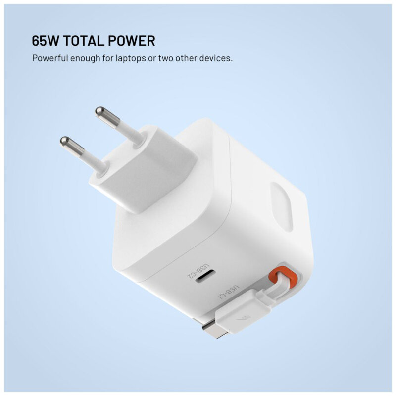 Incarcator GaN 2x Type-C + cablu Fixed, 65W, FIXCG65R-2C-WH