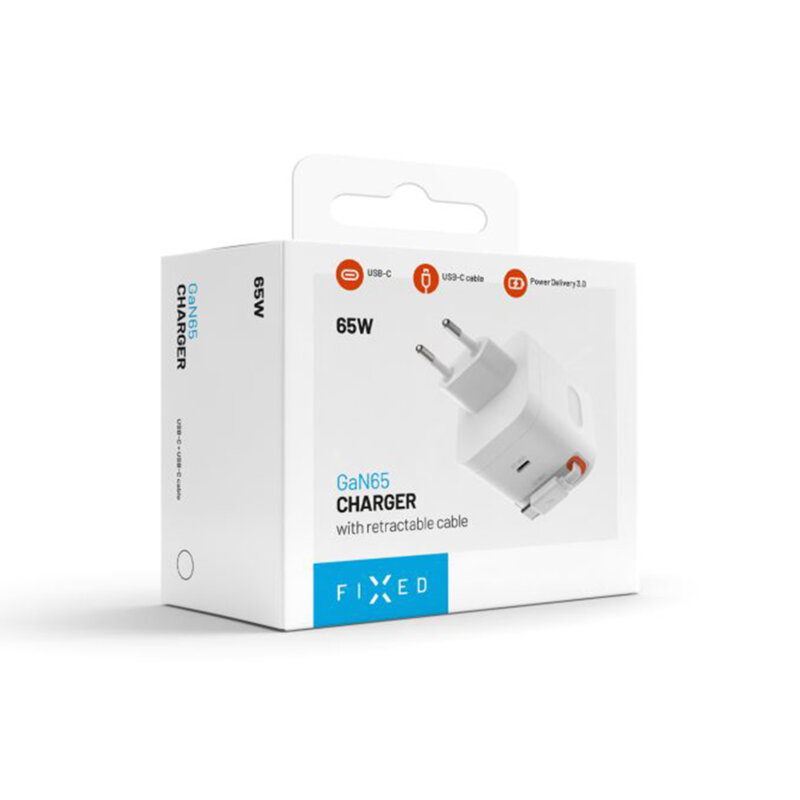 Incarcator GaN 2x Type-C + cablu Fixed, 65W, FIXCG65R-2C-WH