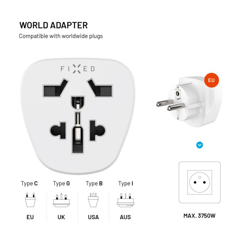 Adaptor priza EU la UK/US/AUS, Fixed, 15A/3750W, FIXCT-EU2-WH