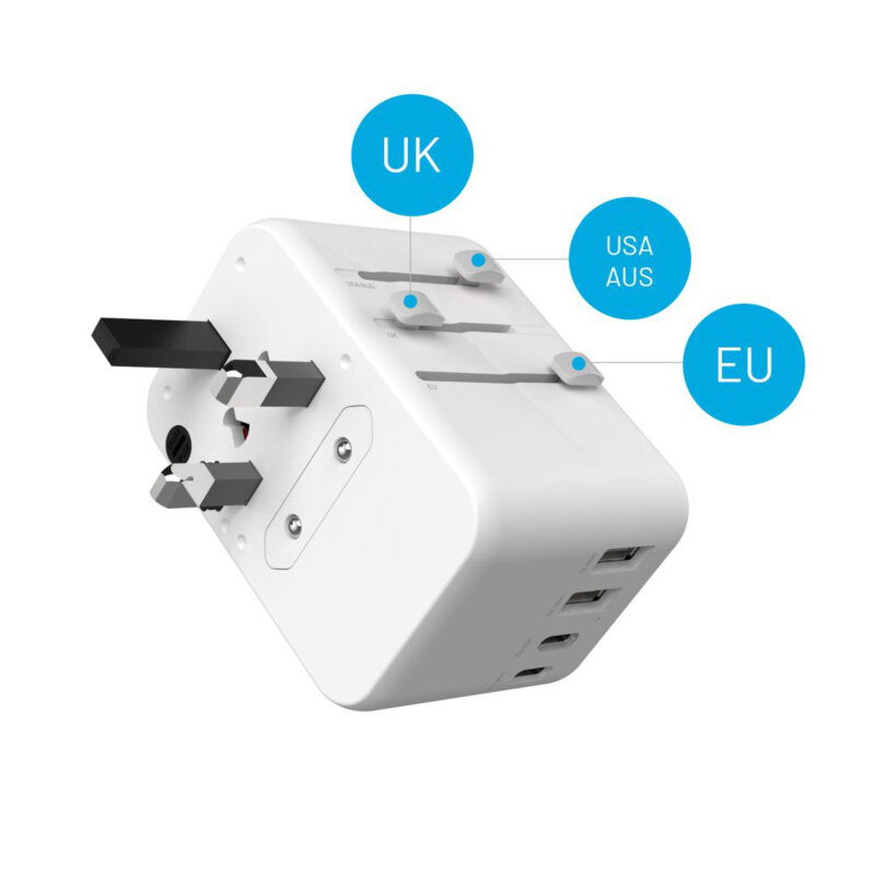 Adaptor priza EU, UK, USA/AUS, Type-C, USB Fixed, FIXCT65-3C2A-WH