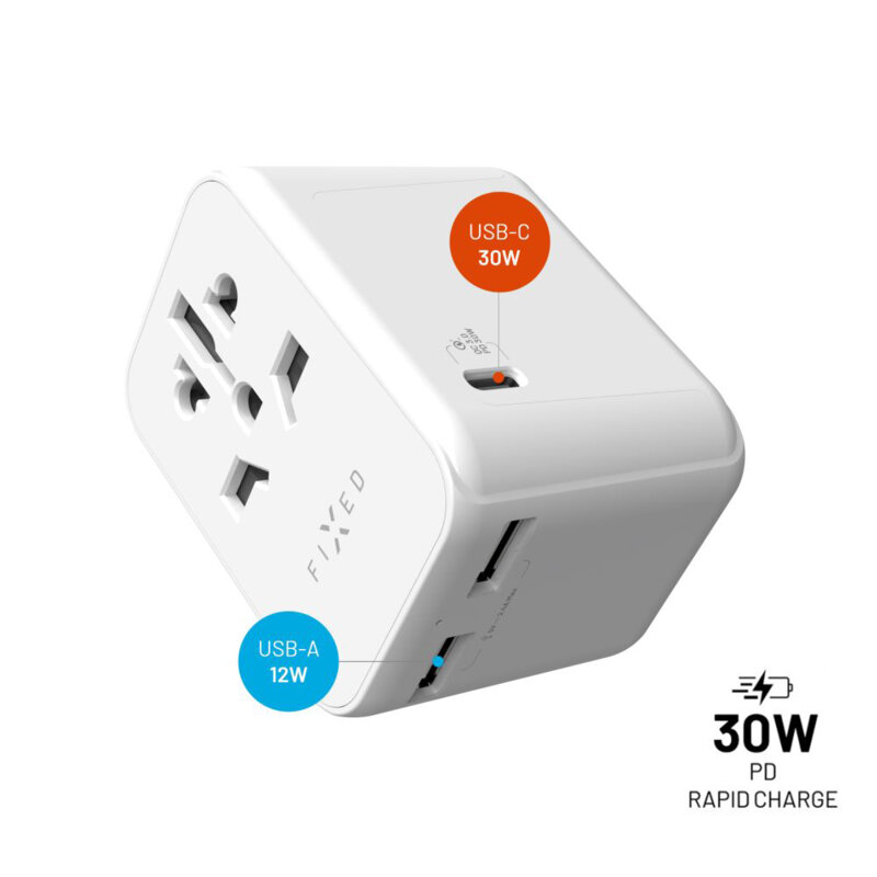 Adaptor priza EU, UK, USA/AUS, Type-C, USB Fixed, FIXCT30-1C2A-WH