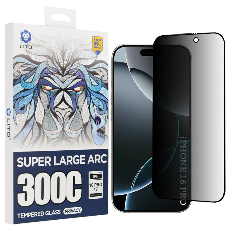 Folie sticla iPhone 16 Pro Lito D+ Max Privacy 300C, negru