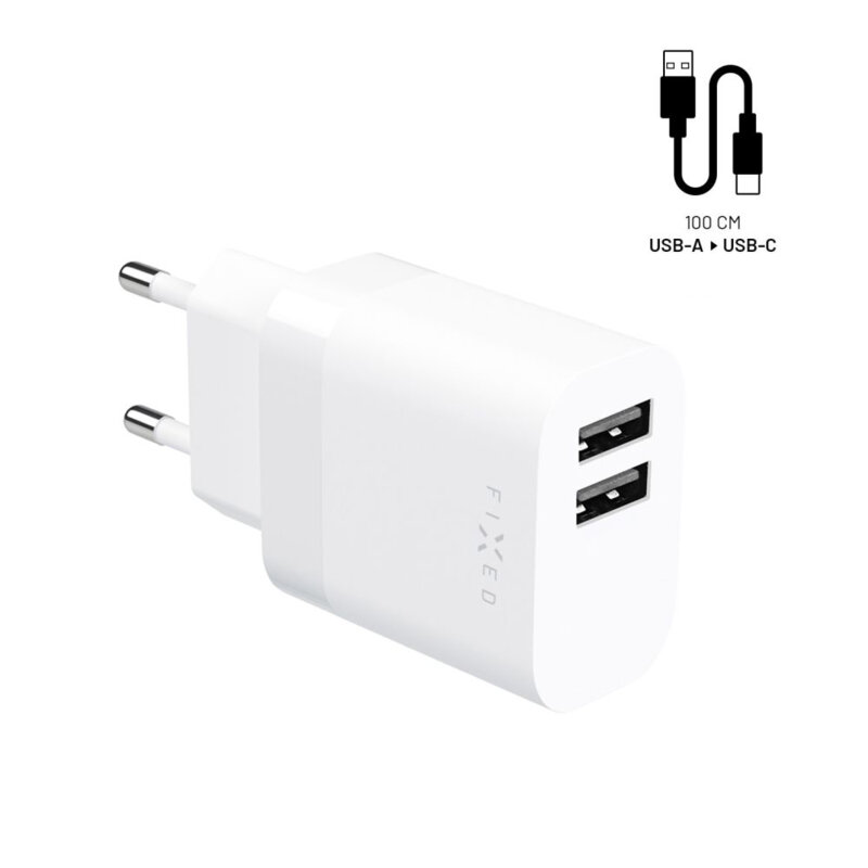 Incarcator USB + cablu tip C Fixed, 17W, negru, FIXC17N-2UC-WH