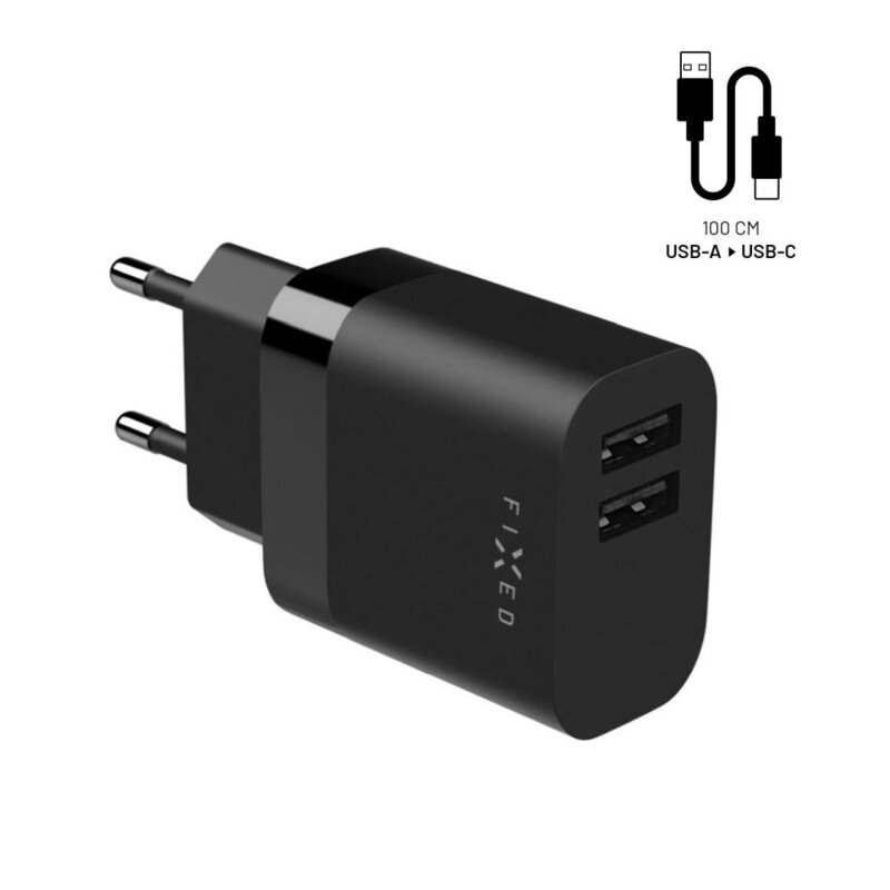 Incarcator USB + cablu tip C Fixed, 17W, negru, FIXC17N-2UC-BK