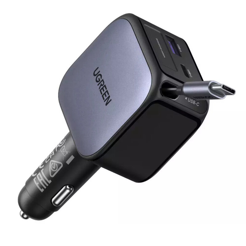 Incarcator auto cu cablu retractabil 90W, Ugreen 55909B, negru