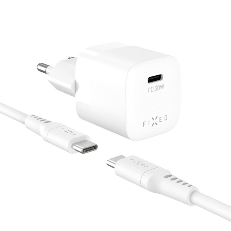 Incarcator GaN Type-C + cablu Fixed, 30W, alb, FIXCG30M-CC-WH